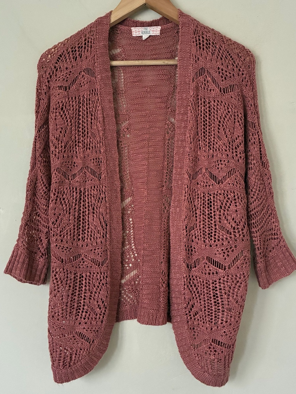 Pink Republic Crochet Knit Open Front Cardigan Dusty Rose Boho 3/4 Sleeve M Boho